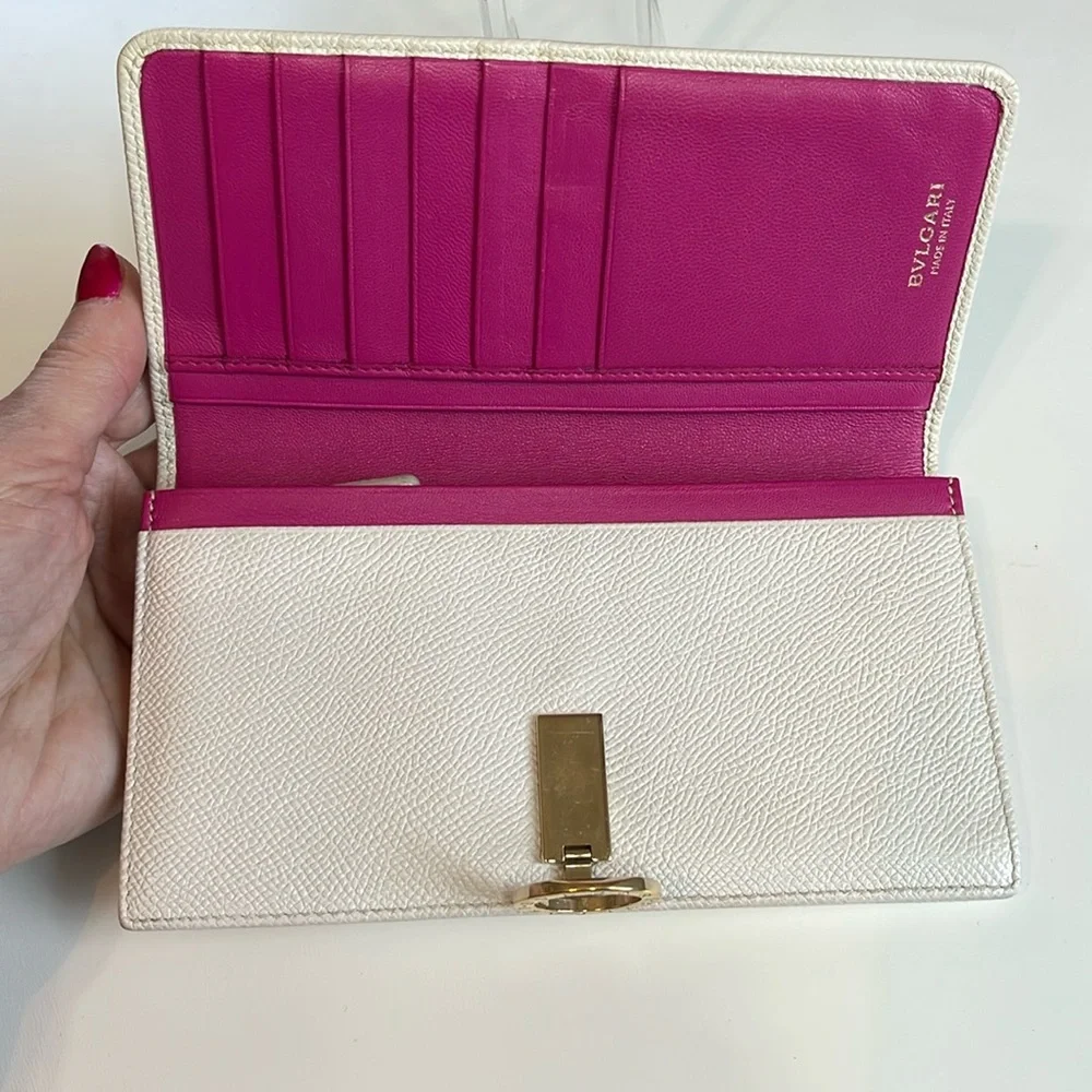 BVLGARI Cream & Pink Leather Long Wallet Retail $485 EUC